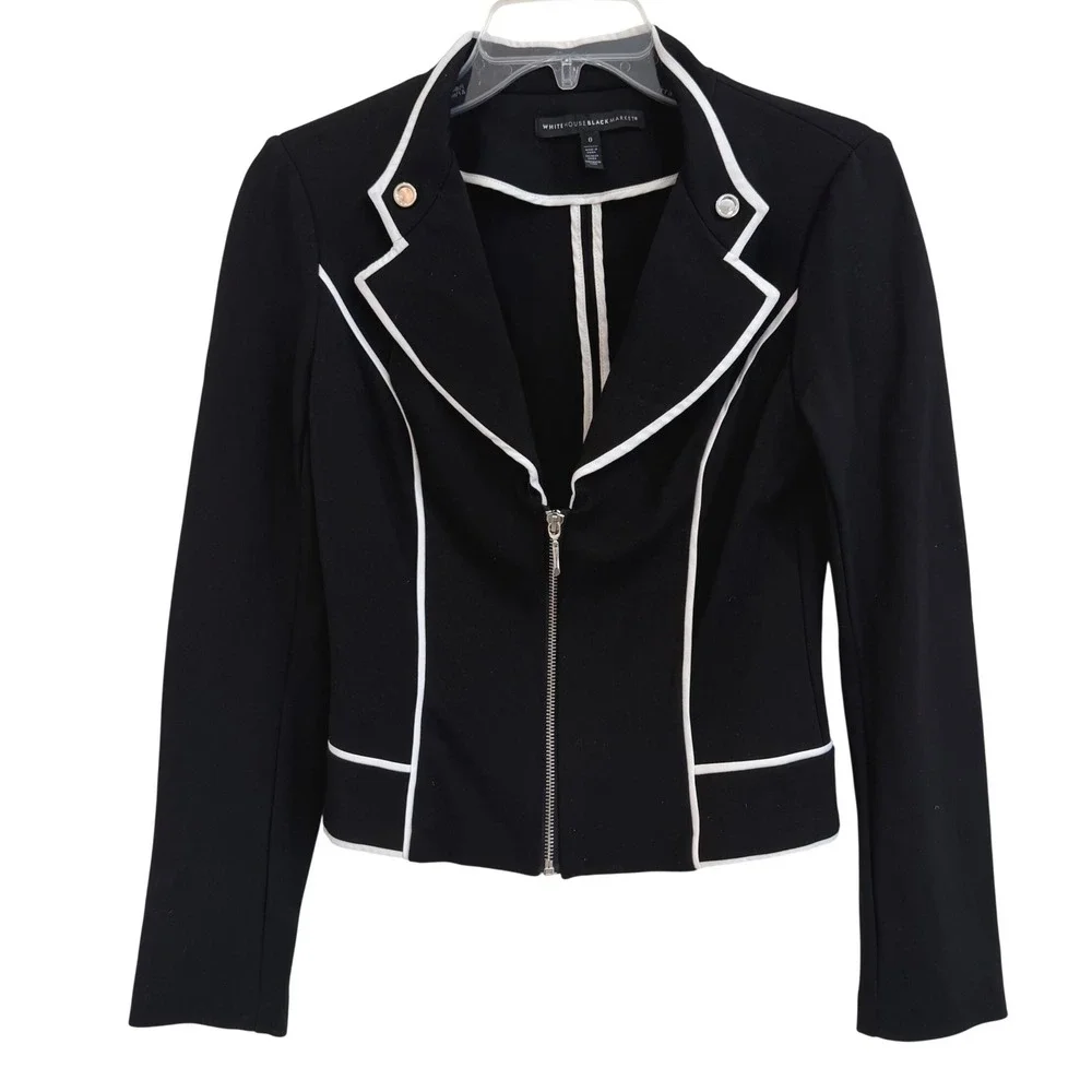 White House Black Market Black White Contrast Piping Zip Front Jacket Size 0